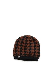 Houndstooth Pattern Rib Knit Hat - Russet