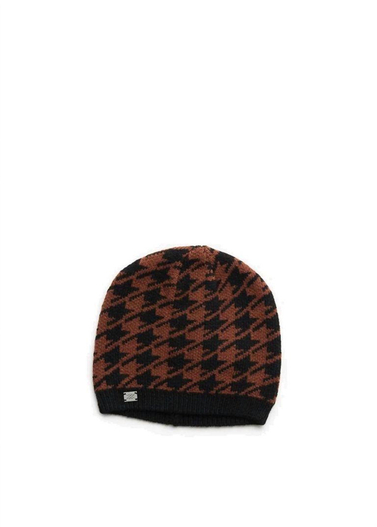 Houndstooth Pattern Rib Knit Hat - Russet