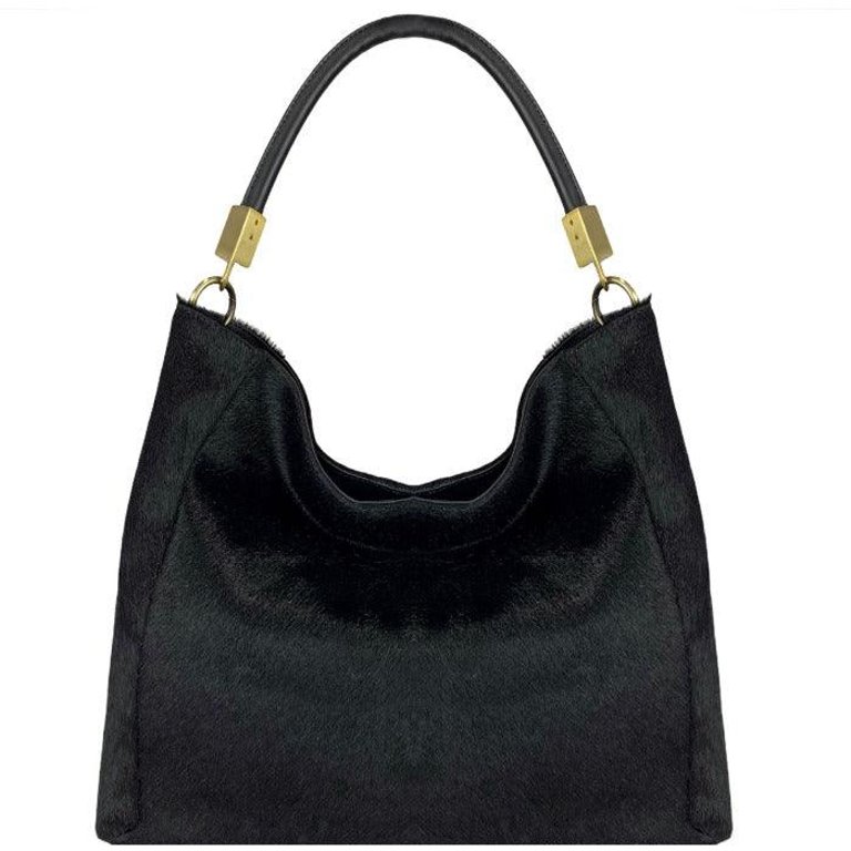 Black Calf Hair Leather Tassel Grab Bag | Biylx