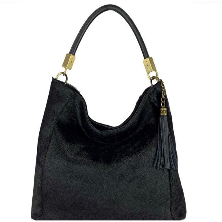 Black Calf Hair Leather Tassel Grab Bag | Biylx - Black