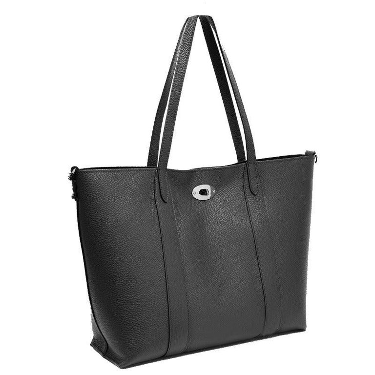 Black Horizontal Turnlock Leather Tote Bag | Brnre