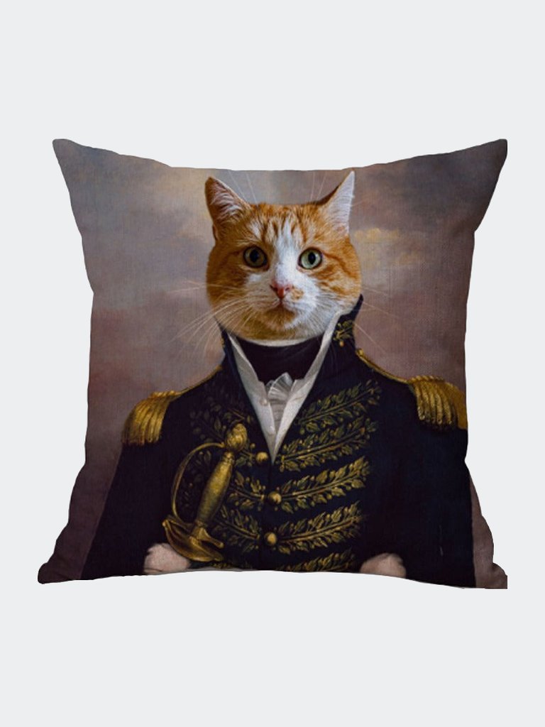 Cat In Full Military Attire Oil Painting Cushion Pillow - Multicolour