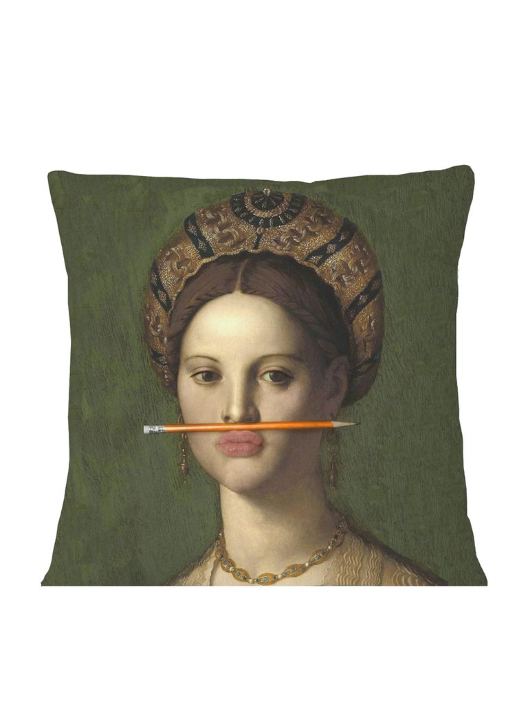 Girl With The Orange Pencil Oil Painting Cushion Pillow - Multicolour