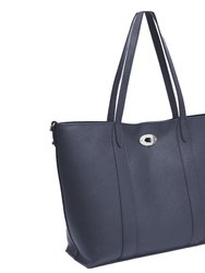 Navy Blue Horizontal Turnlock Leather Tote Bag | Baxdd