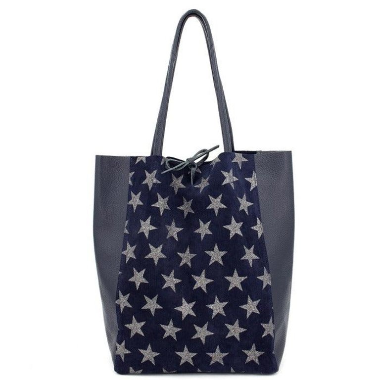 Navy Star Print Suede Leather Tote | Byall - Navy