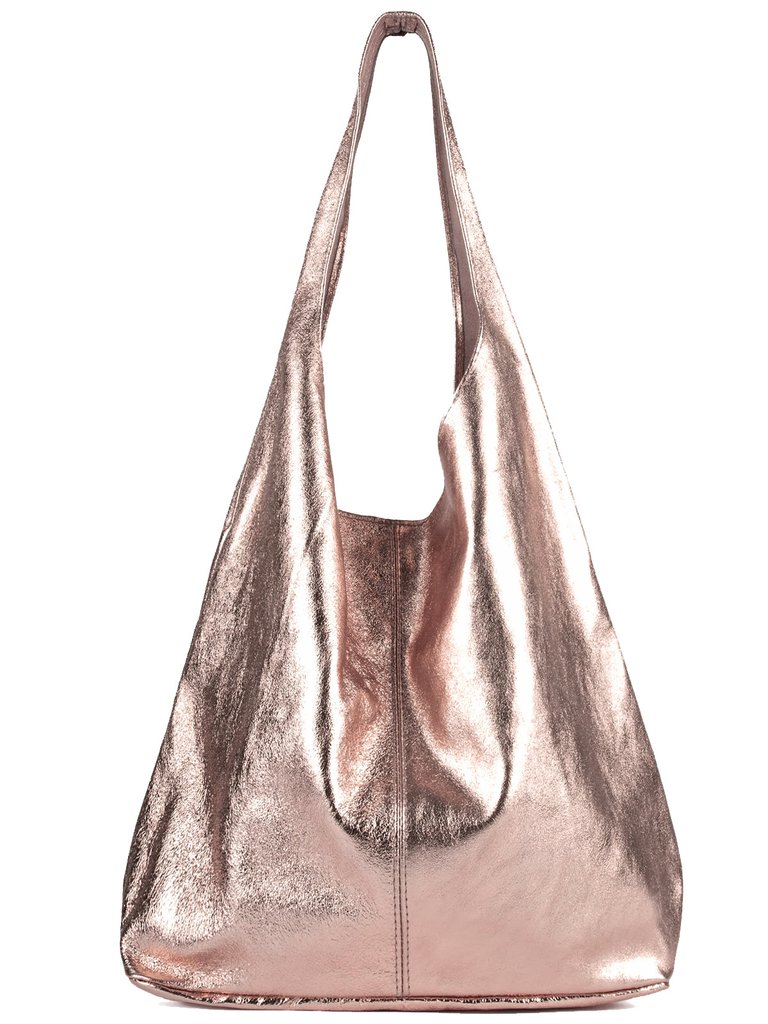 Rose Gold Metallic Leather Hobo Shoulder Bag - Rose Gold