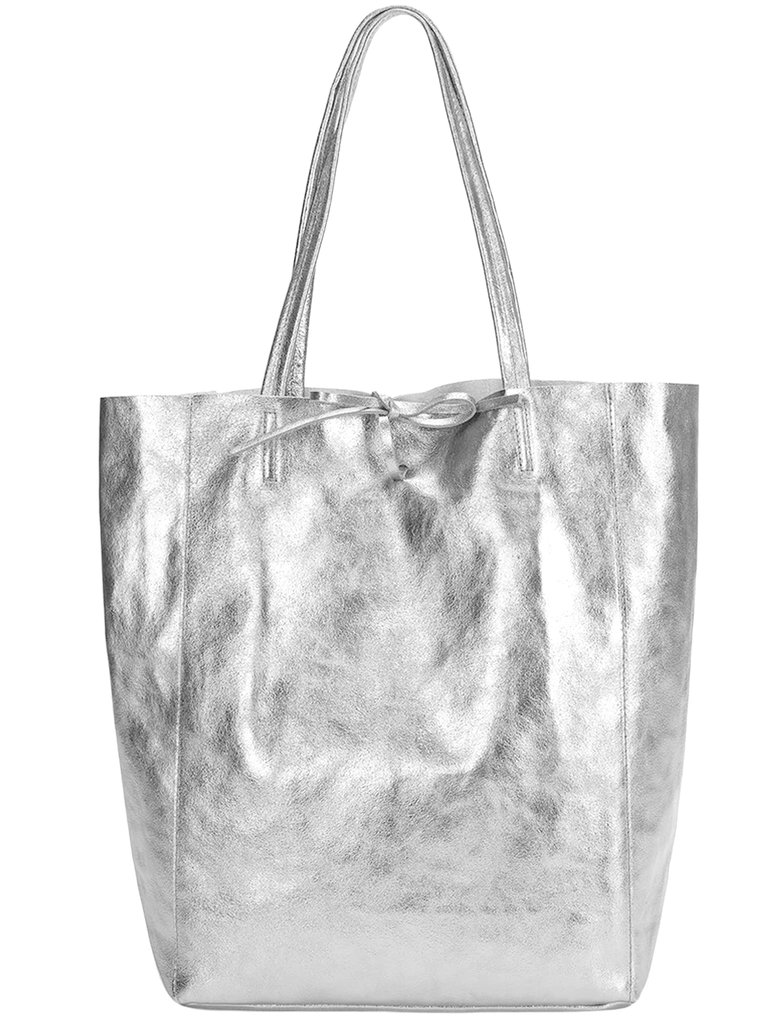 Silver Metallic Leather Tote Shopper Bag | Bbddn - Silver