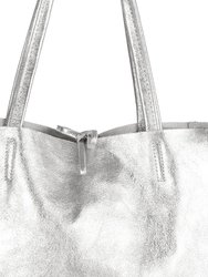 Silver Metallic Leather Tote Shopper Bag | Bbddn
