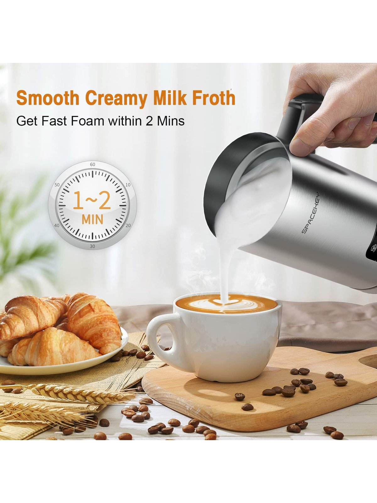 Spacekey Electric Milk Frother and Steamer, Hot & Cold 4-in-1 Automati