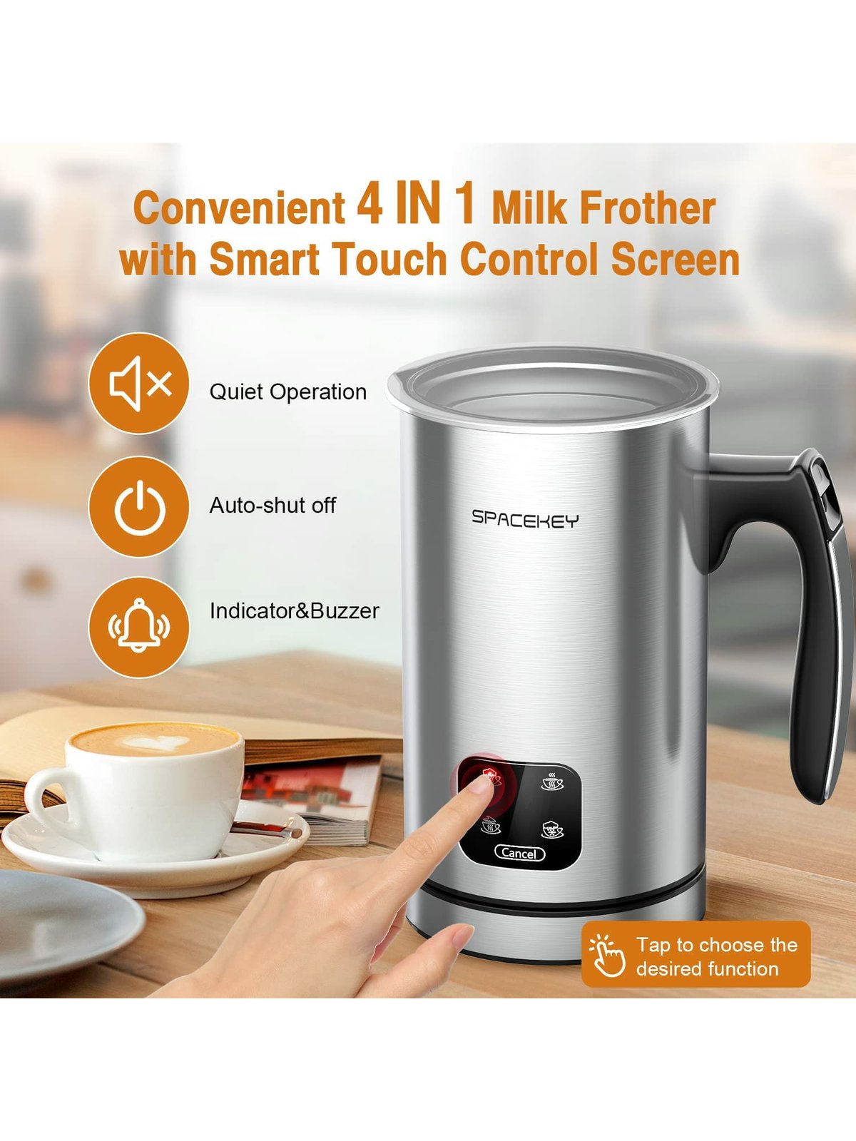 Milk Frother, Electric Milk Warmer with Touch Screen - Black+Silver