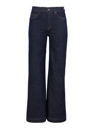 Women Indigo Raw Wash Wide Leg Jeans Stretch Cotton Denim - Dark Blue