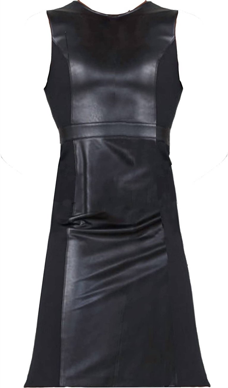 Womens Leather Like Sleeveless Mixed Media Sheath Dress - Black