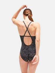 Womens All-Over Print Cross Back One Piece Bathing Suit - Black