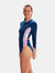 Womens Panelled Long-Sleeved One Piece Bathing Suit - Blue/Purple