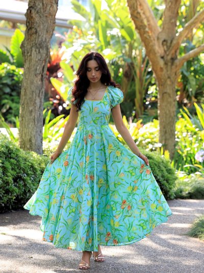 Sruti Dalmia Aqua Kaner Flower Puff Sleeves Dress product