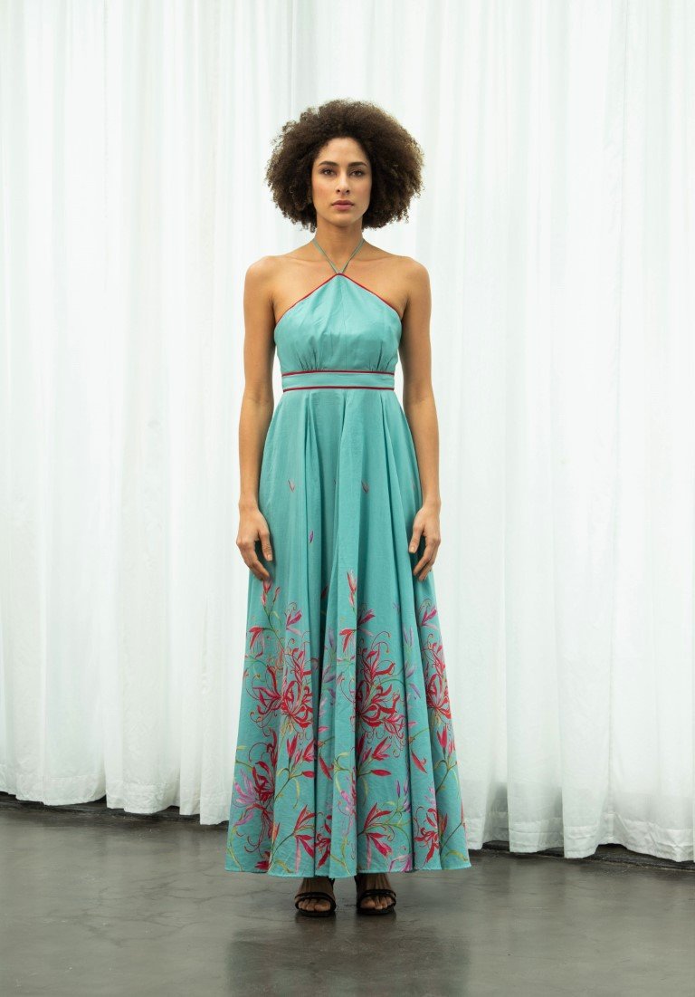 Teal Spider Lily Halter Dress - Teal