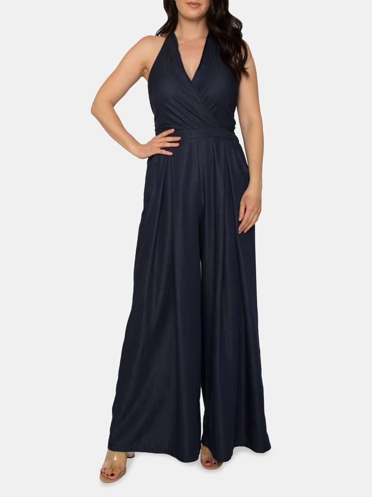 London V-Neck Halter Sleveless Wide Leg Jumpsuit