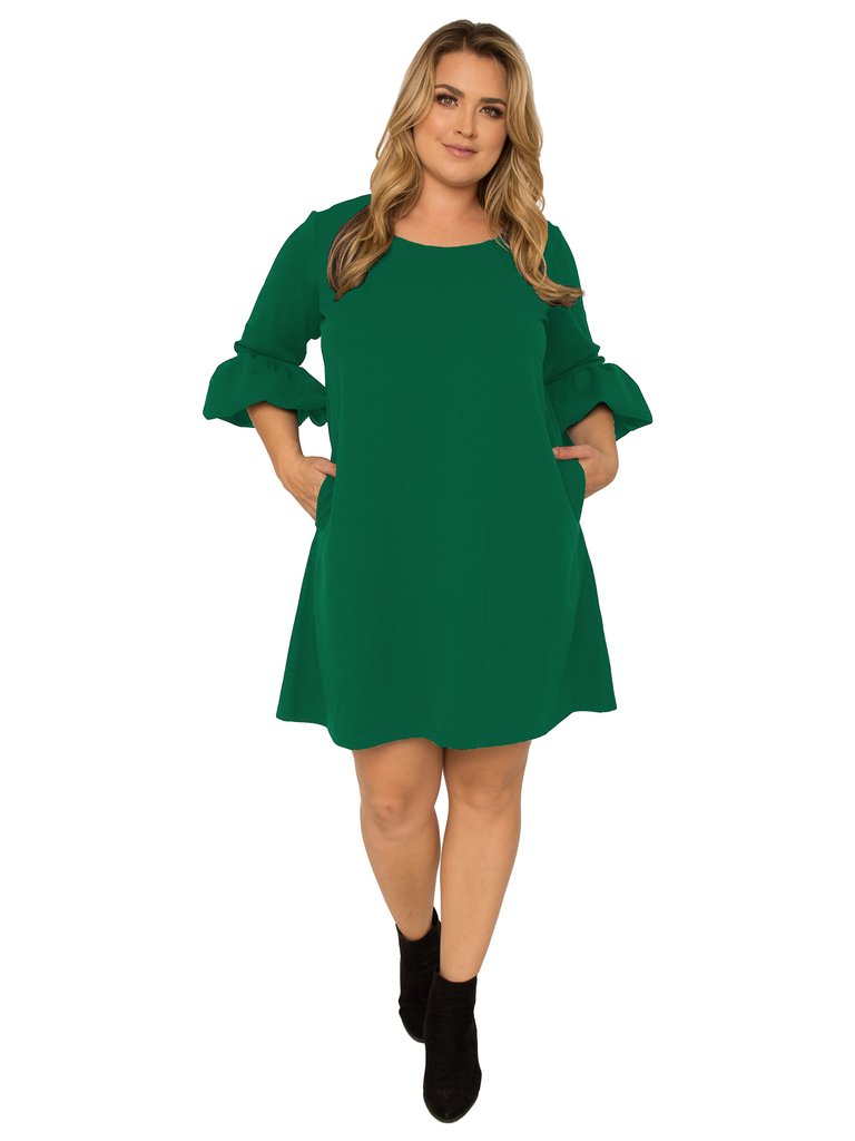 Women's Plus Size Crepe Knit 3/4 Balloon Sleeves Midi Dress - Green