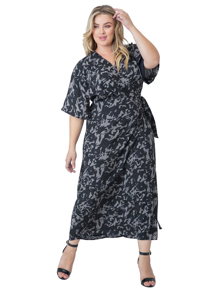 Women's Plus Size Sparkler Print Kimono Wrap Maxi Dress - Midnight Camo