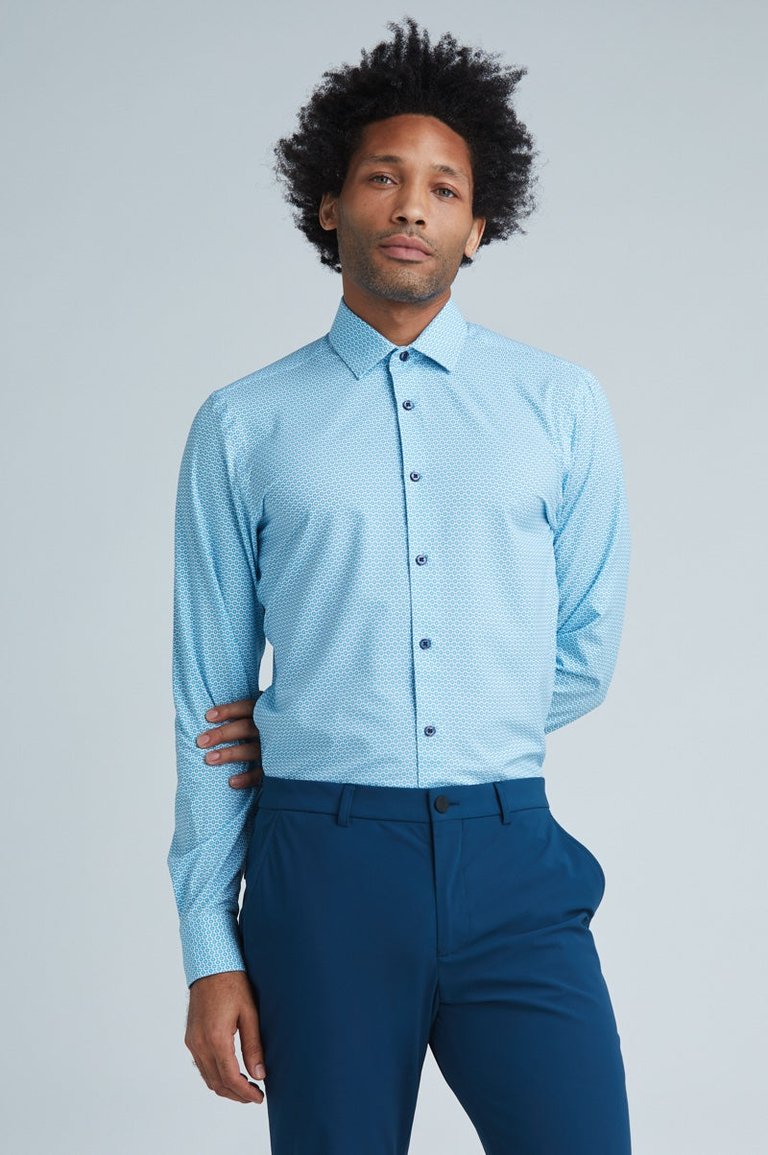 Geo Print Teal And White Long-Sleeve Men's Dress Shirt - White Teal Geo