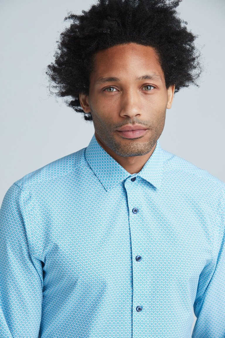 Geo Print Teal And White Long-Sleeve Men's Dress Shirt