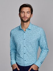 Men's Leaf Print Navy and Teal Dress Shirt - Teal Navy Leaf