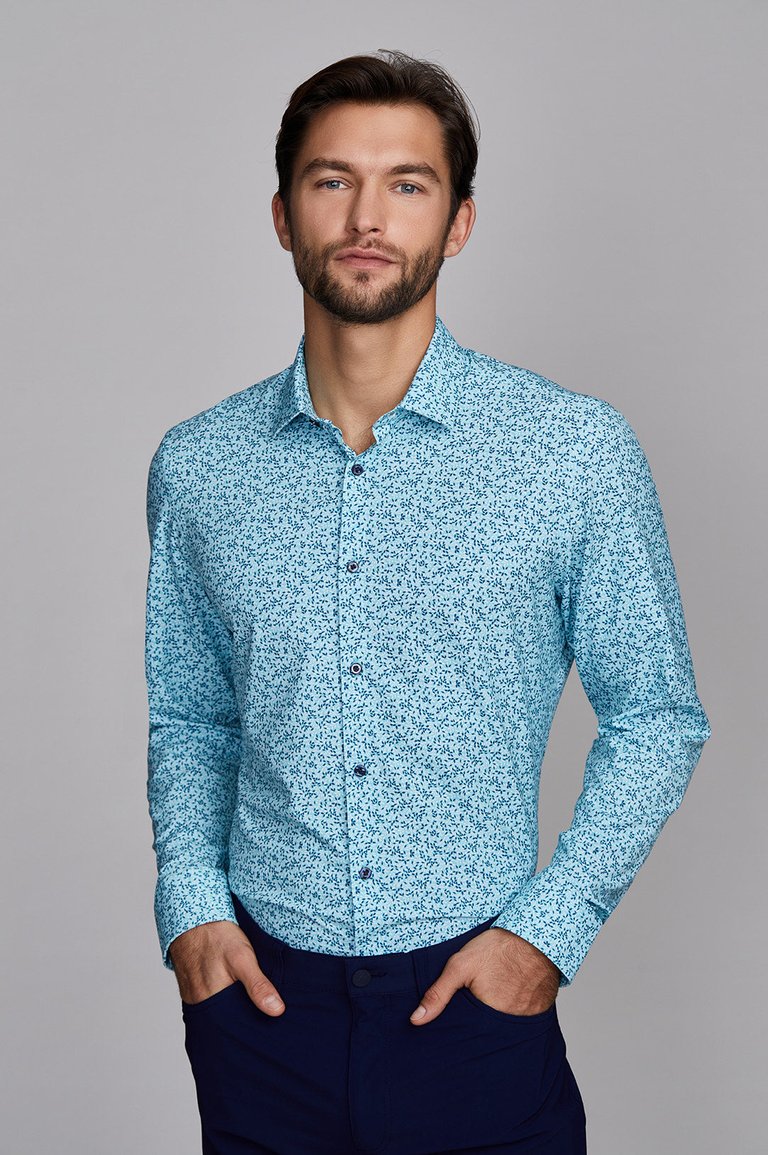 Men's Leaf Print Navy and Teal Dress Shirt - Teal Navy Leaf