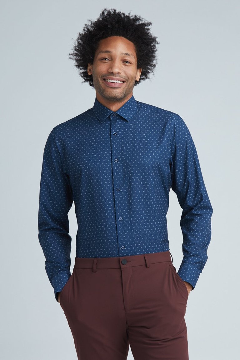 Men's Navy Blue Paisley Long-Sleeve Dress Shirt - Navy Blue Paisley