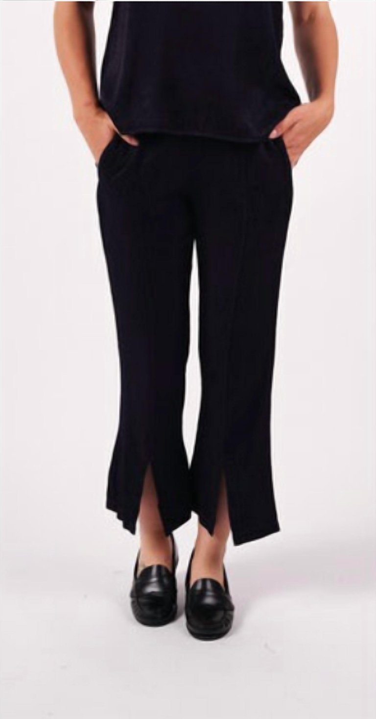 Satin Jacquard Front Slit Trouser In Black - Black