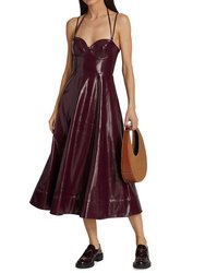 Women Abstract Plum Burgundy Corset Faux Leather Midi Dress - Burgundy