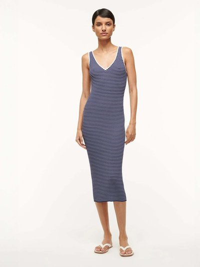 STAUD Women Bodycon Dress Dana Sleeveless Midi Navy Micro Stripe product