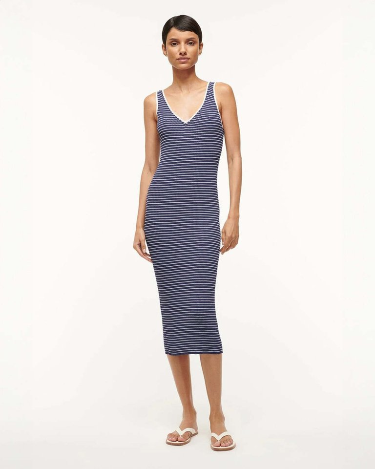 Women Bodycon Dress Dana Sleeveless Midi Navy Micro Stripe - Blue