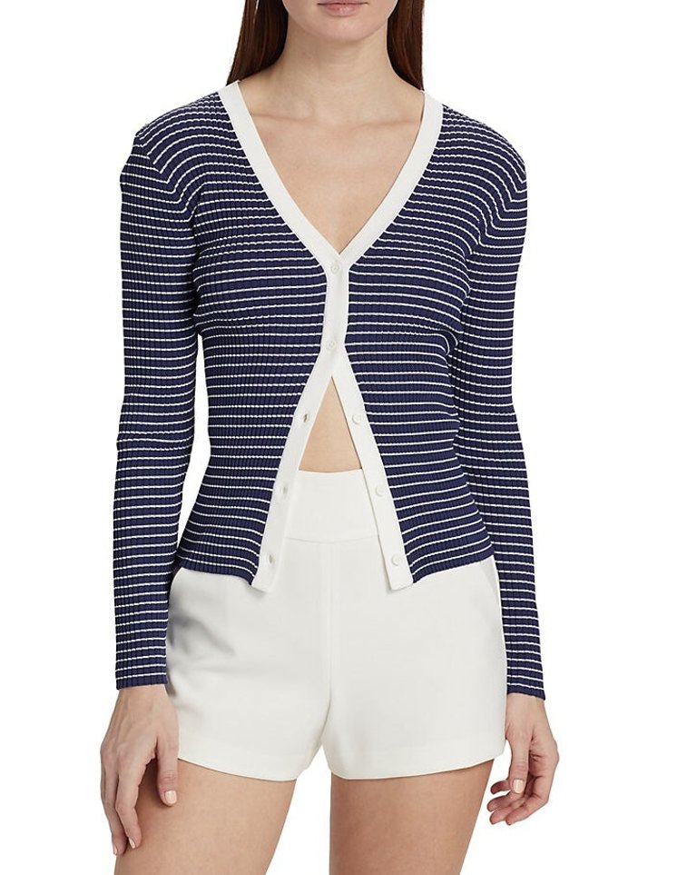 Women Cardigan Sweater Cargo Ribbed Knit Navy Micro Stripe - Blue