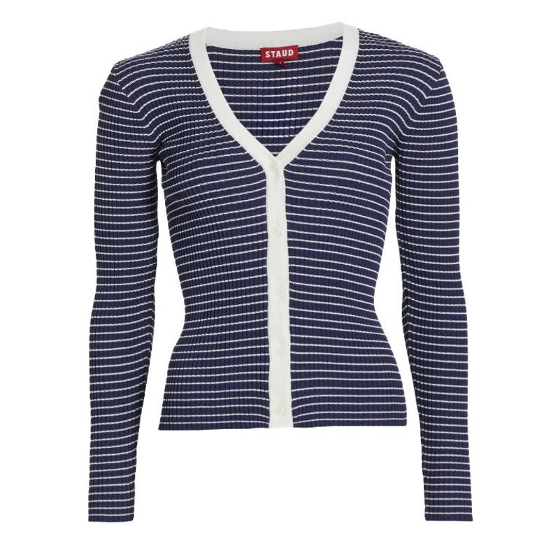 Women Cardigan Sweater Cargo Ribbed Knit Navy Micro Stripe