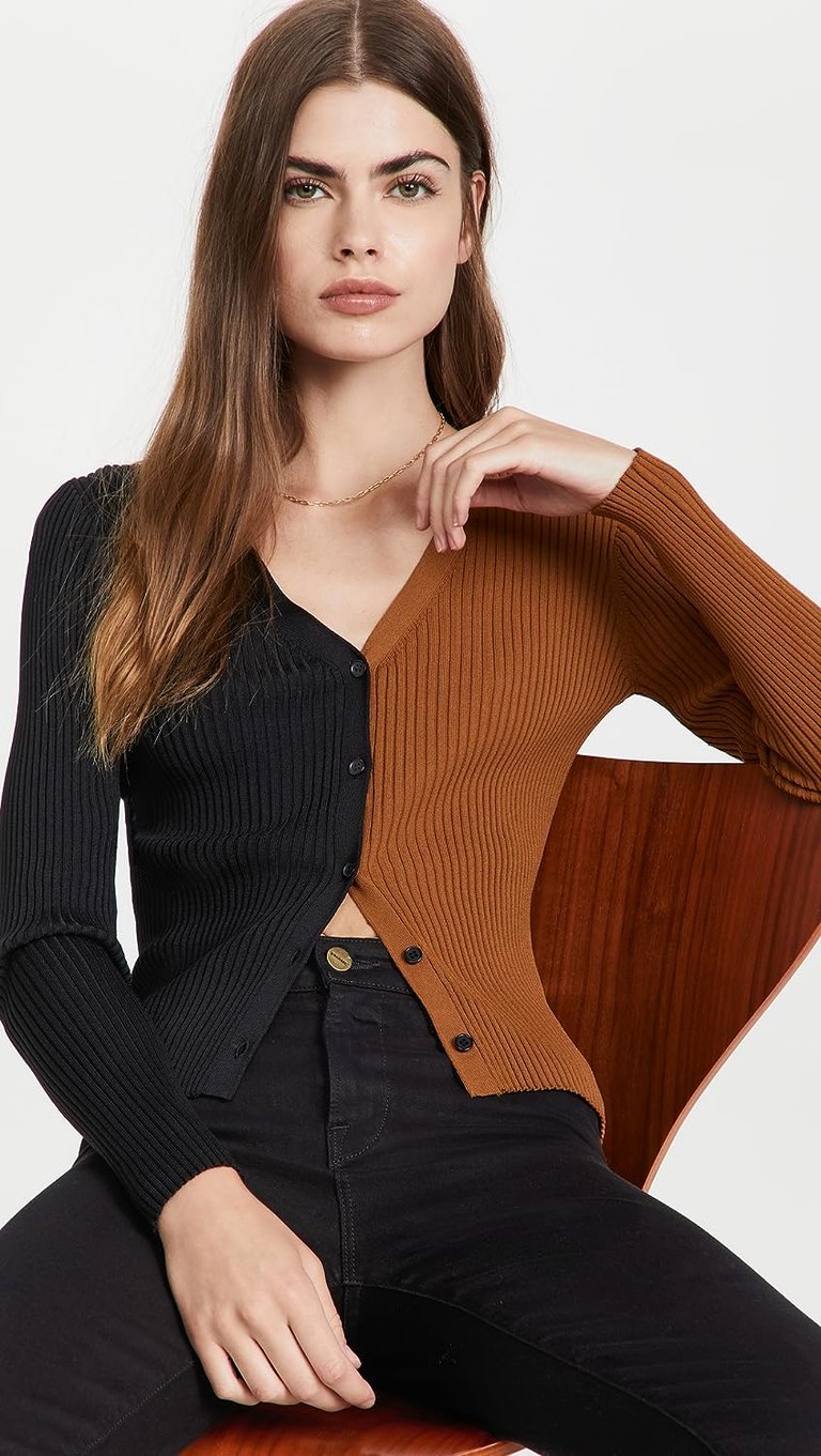 Women Colorblock Tan Black Ribbed Knit Cargo Cardigan Sweater - Black