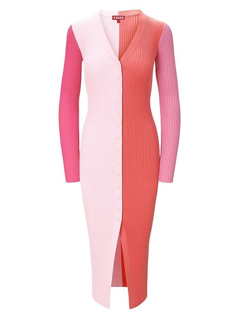 Women Shoko Sweater Dress Flamingo Multi Ribbed Knit Midi - Pink