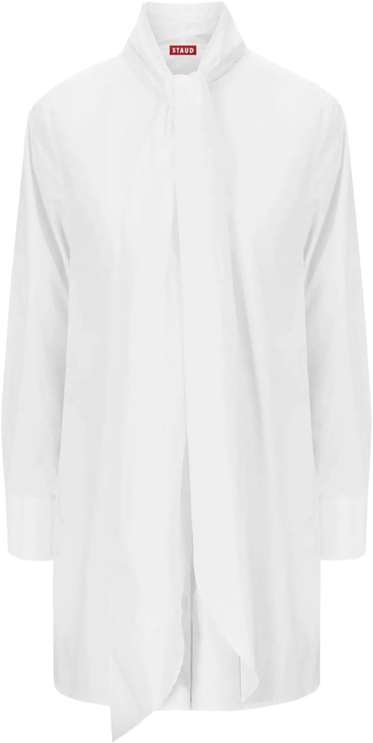 Womens Maryn Tie Neck Long Sleeve Cotton Poplin Mini Shirtdress - White