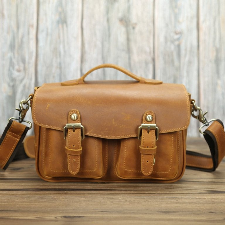 The Faust Leather Crossbody Vintage Camera Messenger Bag - Brown