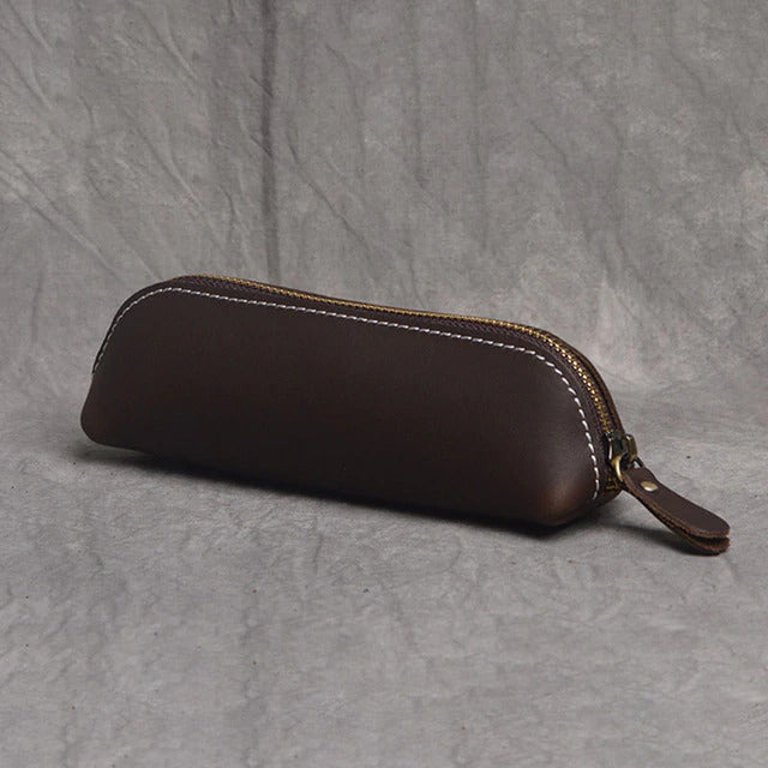 The Paavo Leather Pen Case Leather Makeup Pouch - Dark Brown
