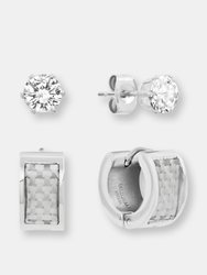 Carbon Fiber Huggies With Simulated Diamond Stud Earring Set - Silver