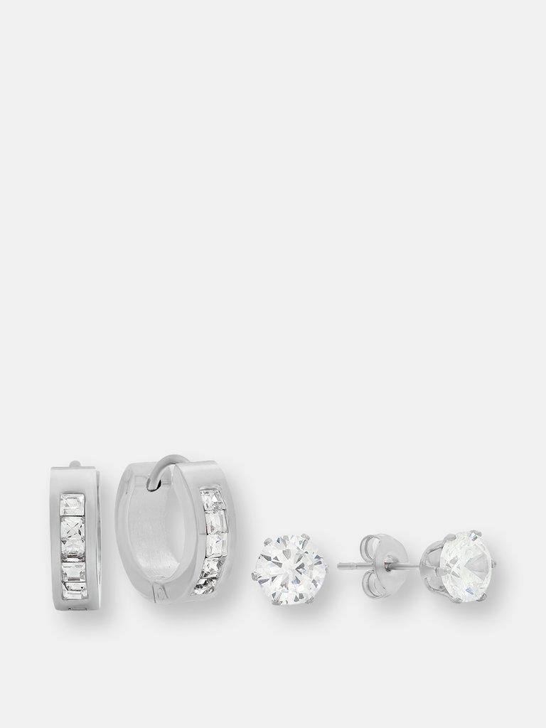 Classic Huggies with Simulated Diamonds + CZ Stud Set - Silver