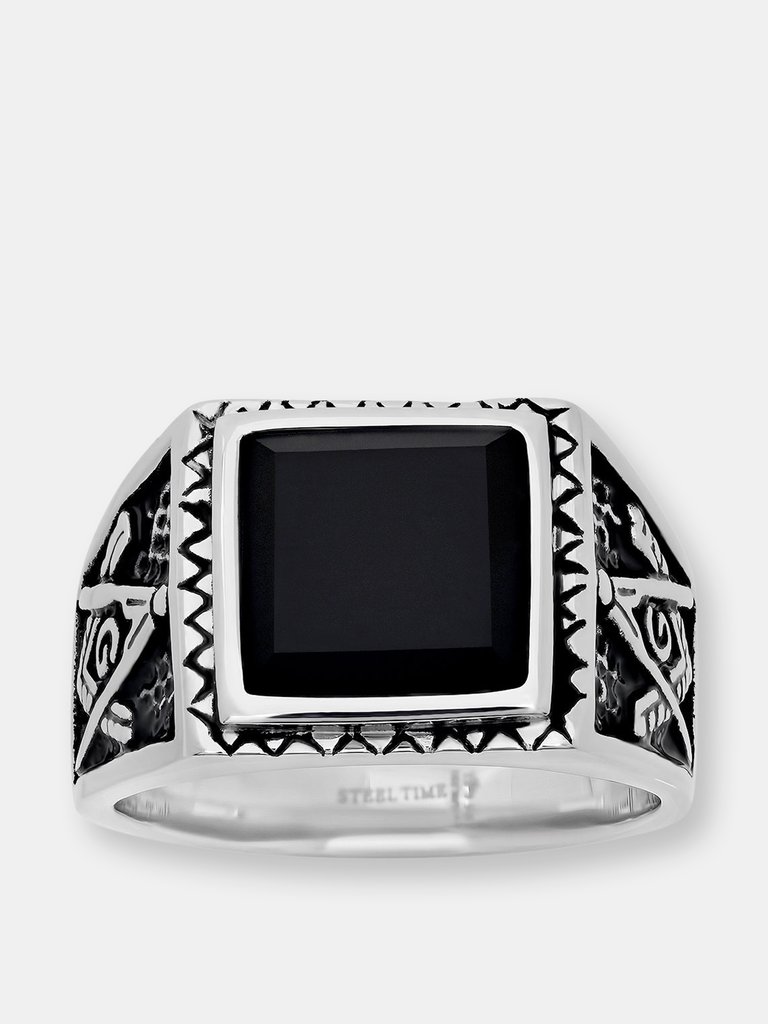 Free Mason Statement Ring with Simulated Black Diamond