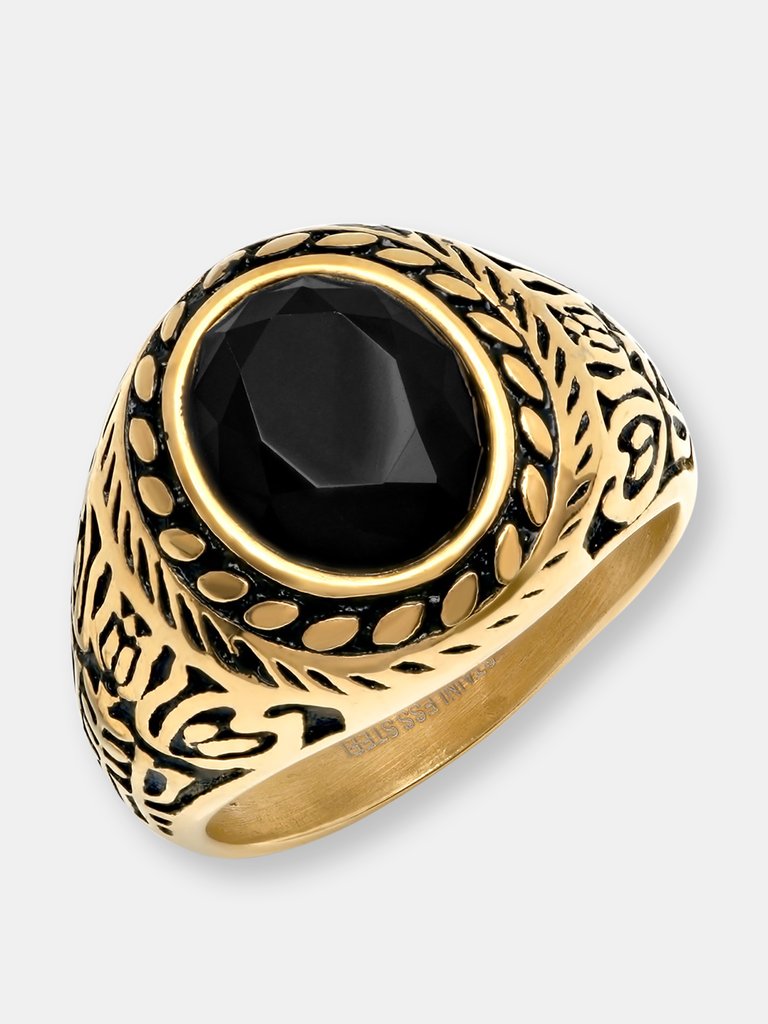 Gold Floral Accent Statement Ring with Simulated Black Diamond - Gold