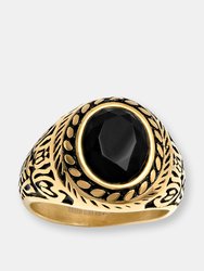 Gold Floral Accent Statement Ring with Simulated Black Diamond