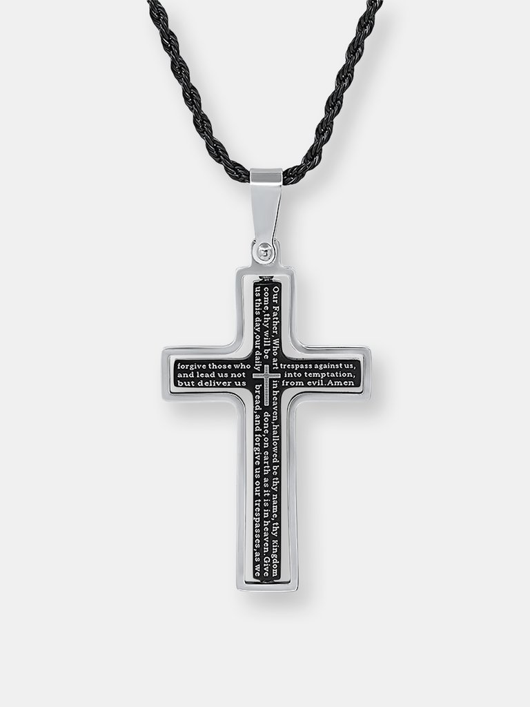 Lords Prayer Spinner Cross Pendant Necklace - Silver and Black