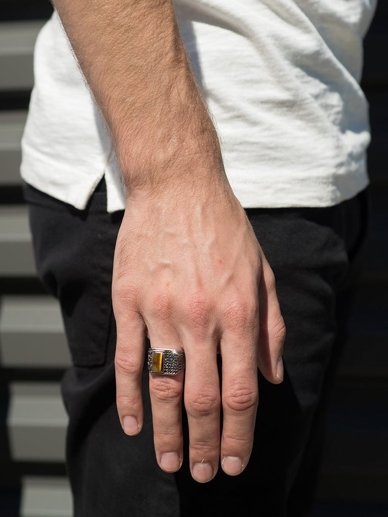 One Sided Tiger Eye Ring with Simulated Diamonds