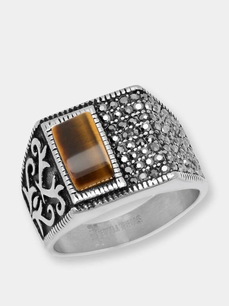 One Sided Tiger Eye Ring with Simulated Diamonds - Silver