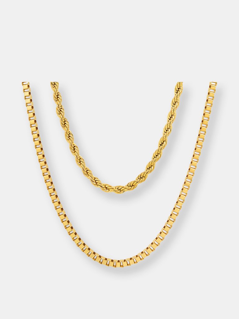 Rope Chain + Box Chain Necklace Stack - Gold