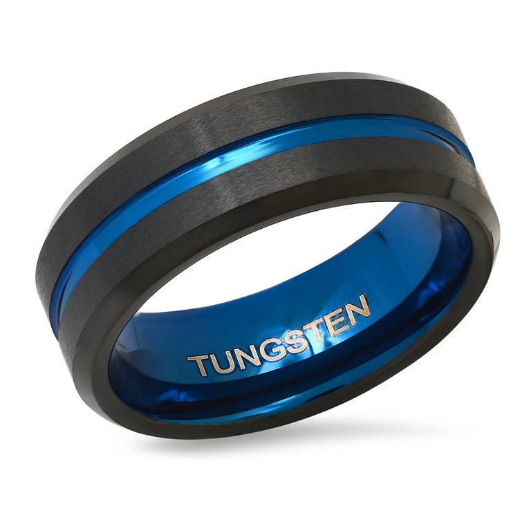 Tungsten Ring Band with Blue Ion Accents - Black/Blue