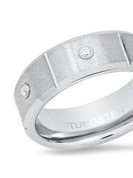 Tungsten Ring Band with Simulated Diamonds - Silver